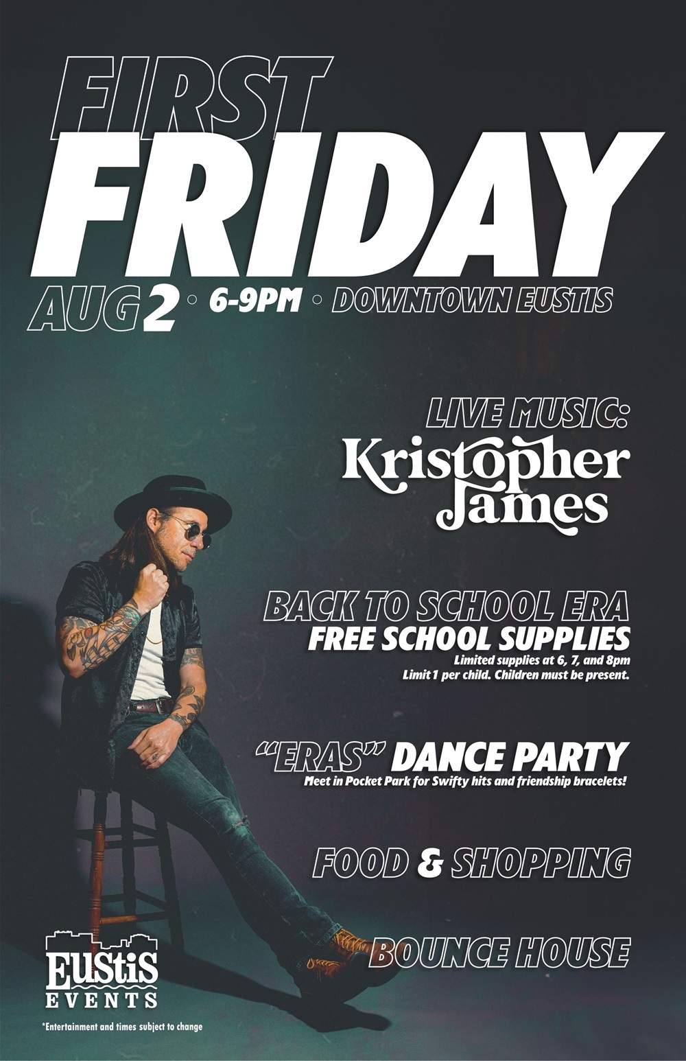 August First Friday will be on August 2nd from 6-9 PM. Live Music by Kristopher James, Back to school supplies, 
