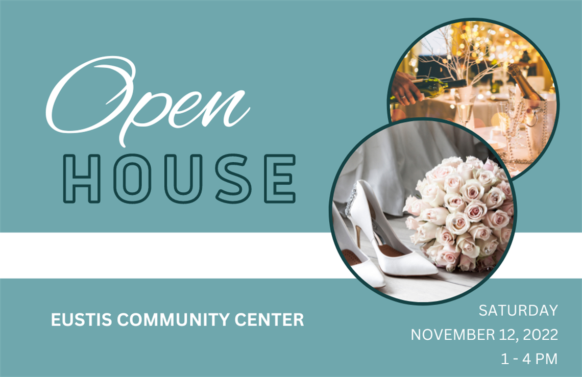 Open House Flyer with shoes and bouquet and party background