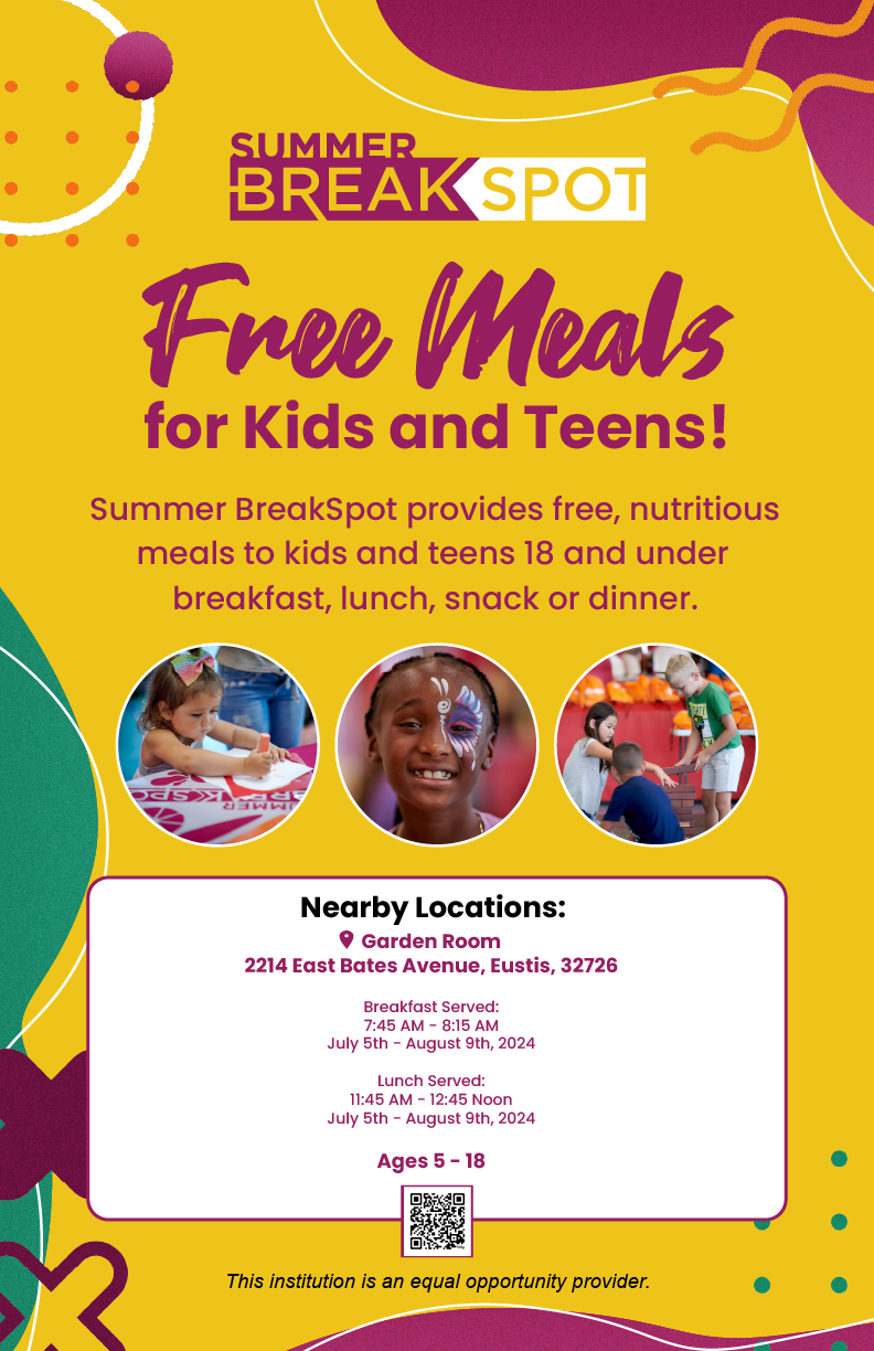 Summer BreakSpot free meals for 5 - 18 ending August 9th. Breakfast served from 7:45 AM - 8:15 AM. Lunch served from 11:45 AM - 12:45 Noon