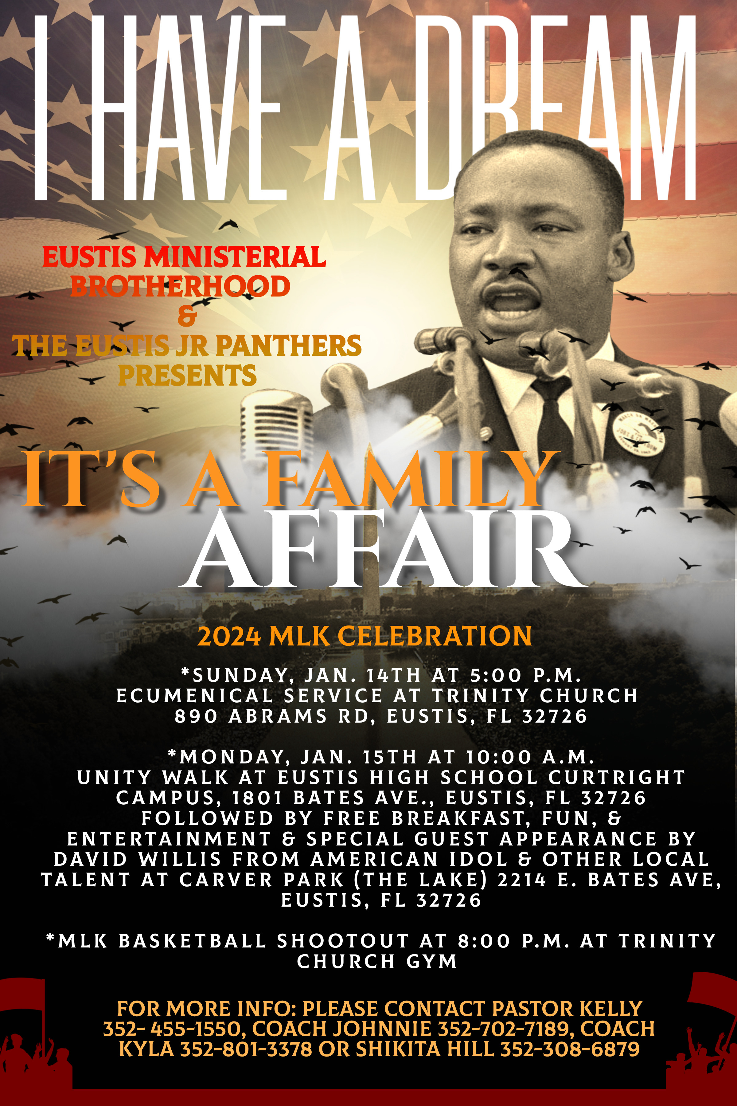 Poster for Eustis Ministerial Brotherhood and Eustis Jr. Panthers MLK 2024 Celebration events 